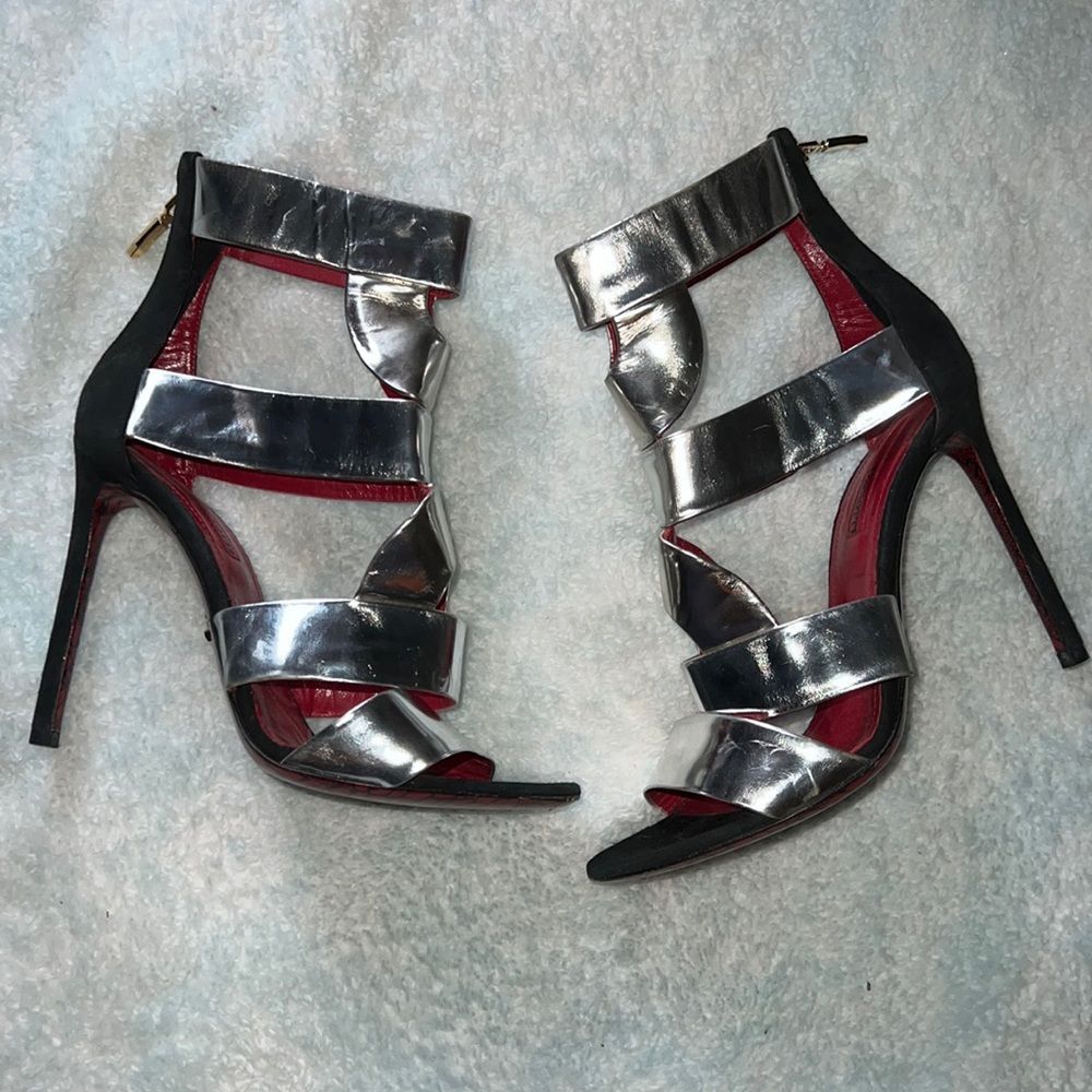 Cesare Paciotti metallic silver leather wave cut out heels